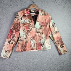 Maggy London Coral Patchwork Cotton Tropical Zip Front Vintage Y2K Jacket 12
